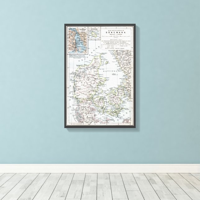 Antique Map of Denmark, Danmark in Danish, 1905 Canvas Print (Insitu(Wood Floor))
