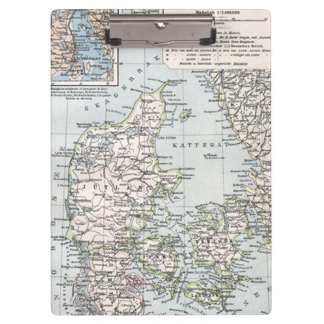 Antique Map of Denmark, Danmark in Danish, 1905 Clipboard (Front)