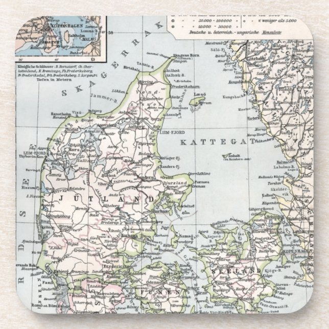 Antique Map of Denmark, Danmark in Danish, 1905 Coaster (Front)