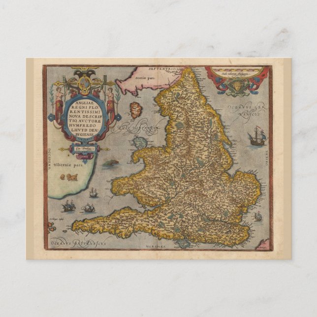 Antique Map of England from 1573 Postcard (Front)