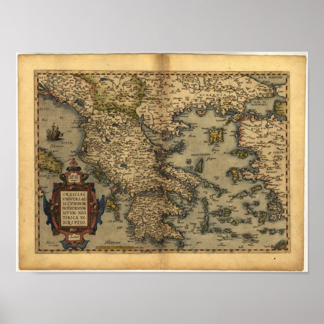 Antique Map of Greece ORTELIUS ATLAS 1570 A.D. Poster (Front)