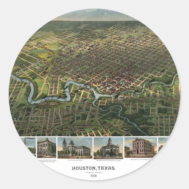 Antique Map of Houston, Texas with Buffalo River Classic Round Sticker (Front)