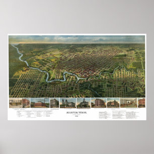 Antique Map of Houston, Texas with Buffalo River Poster