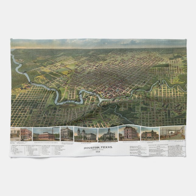 Antique Map of Houston, Texas with Buffalo River Tea Towel (Horizontal)