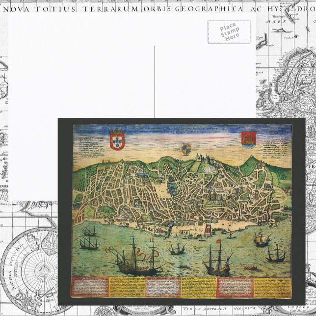 Antique Map of Lisbon, Portugal by Braun/Hogenberg Postcard (Creator Uploaded)