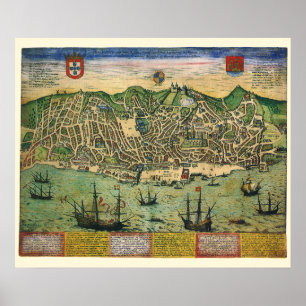 Antique Map of Lisbon, Portugal by Braun/Hogenberg Poster