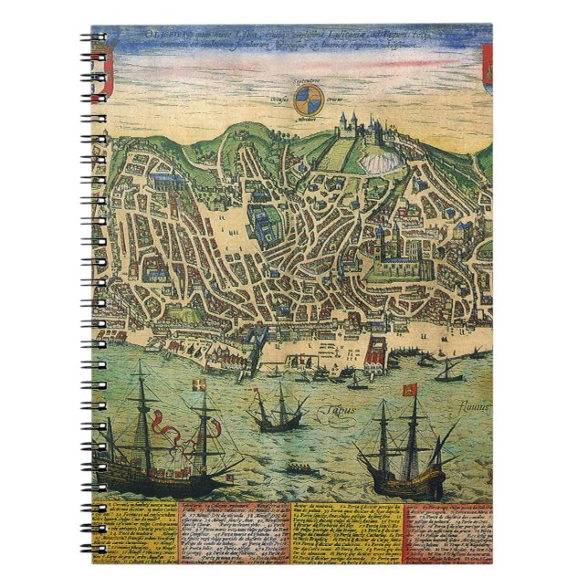Antique Map of Lisbon, Portugal by Braun/Hogenberg Spiral Notebook (Front)