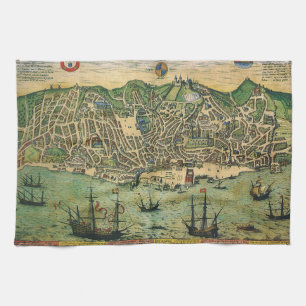 Antique Map of Lisbon, Portugal by Braun/Hogenberg Tea Towel