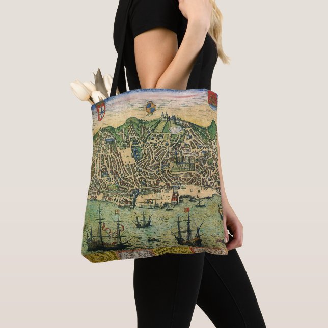 Antique Map of Lisbon, Portugal by Braun/Hogenberg Tote Bag (Close Up)