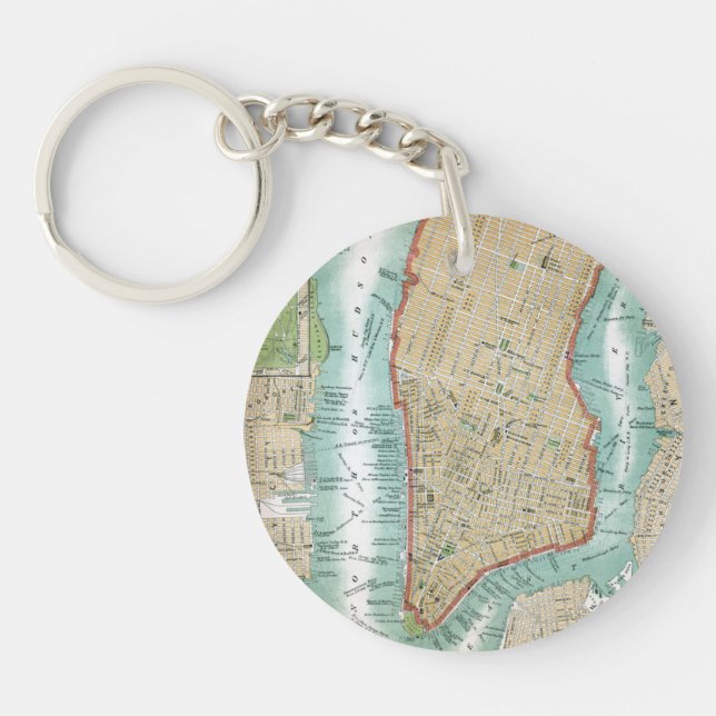 Antique Map of Lower Manhattan and Central Park Key Ring (Front)