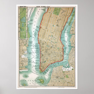 Antique Map of Lower Manhattan and Central Park Poster