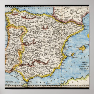 Antique Map of Spain & Portugal circa 1700's Poster