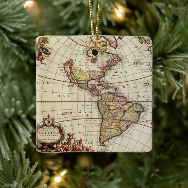 Antique Map of the Americas by Johannes De Ram Ceramic Ornament (Tree)