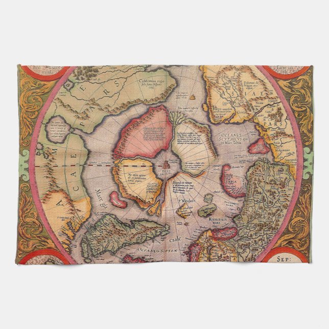 Antique Map of the North Pole Map by Mercator Tea Towel (Horizontal)