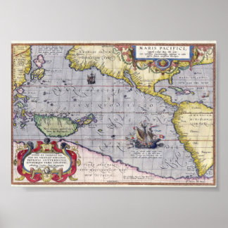 Antique map of the Pacific Ocean year 1589 Poster