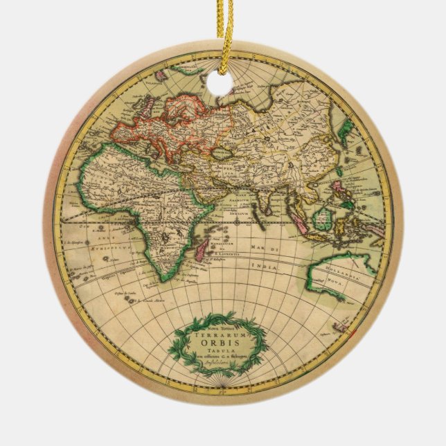Antique Map of the World Ceramic Tree Decoration (Front)