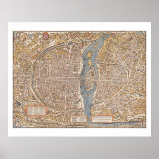 Antique MAP PARIS vintage old Poster