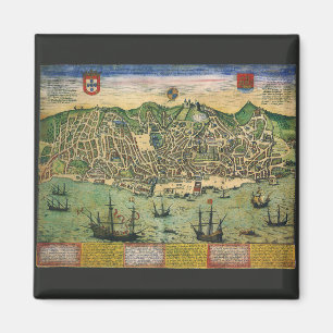 Antique Map, Town Plan of Lisbon, Portugal, 1598 Magnet