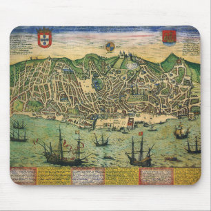 Antique Map, Town Plan of Lisbon, Portugal, 1598 Mouse Pad
