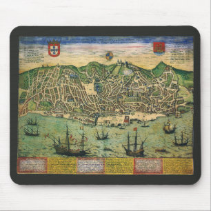 Antique Map, Town Plan of Lisbon, Portugal, 1598 Mouse Pad