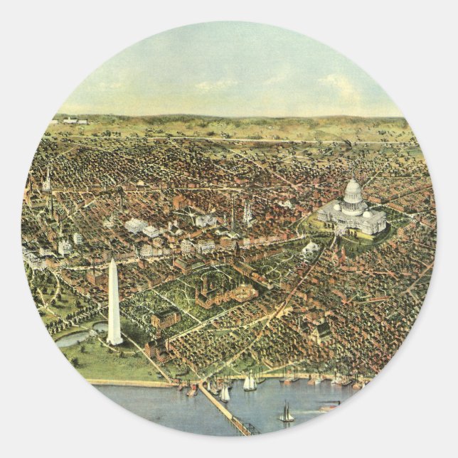 Antique Map with a Panoramic View of Washington DC Classic Round Sticker (Front)