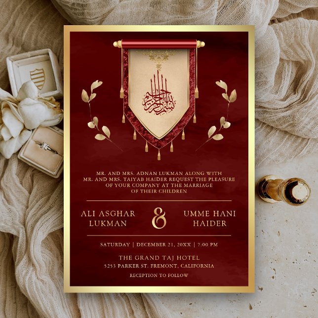 Antique Maroon Red Gold Scroll Muslim Wedding Invitation (Creator Uploaded)