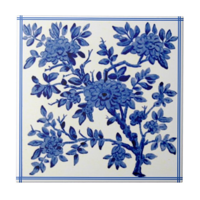 Antique Minton Blue White Aesthetic Floral Repro Tile (Front)