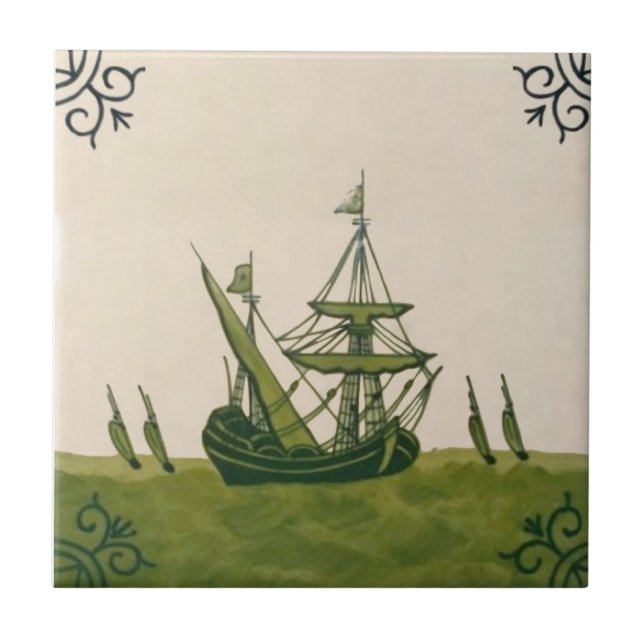 Antique Minton Hollins Delft Boat Tile #4 Repro (Front)