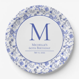 Antique Monorgam Blue White Floral Birthday Paper Plate
