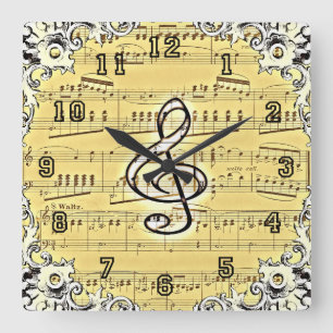 Antique Music Treble Clef Vintage Design Square Wall Clock
