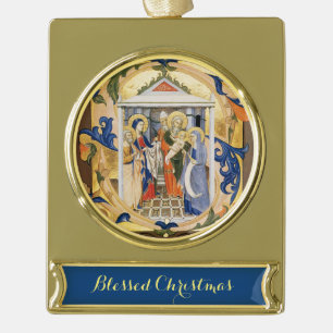 ANTIQUE NATIVITY PARCHMENT GOLD PLATED BANNER ORNAMENT