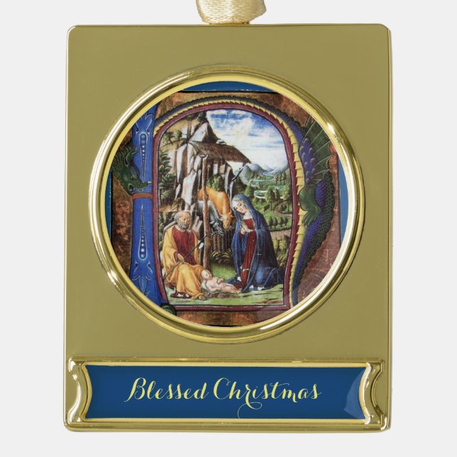 ANTIQUE NATIVITY PARCHMENT MONOGRAM Christmas Gold Plated Banner Ornament (Front)