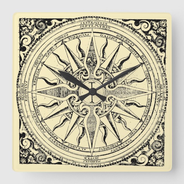 Antique Nautical Compass And Winds Square Wall Clock (Front)