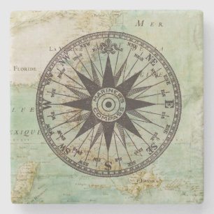 Antique Nautical Compass & Map Marble Coaster