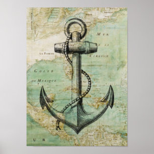 Antique Nautical Map & Anchor Poster