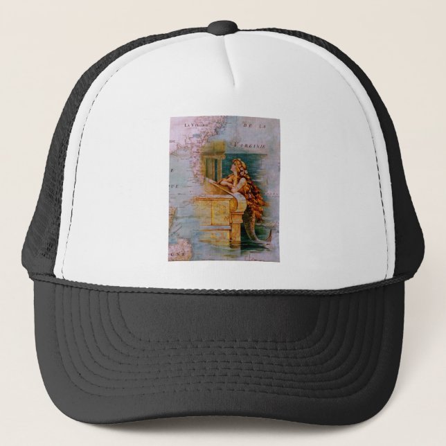 Antique Nautical Map & Mermaid Trucker Hat (Front)