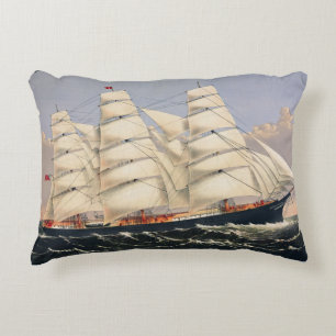 Antique Nautical Sailing Ship Currier & Ives Decorative Cushion