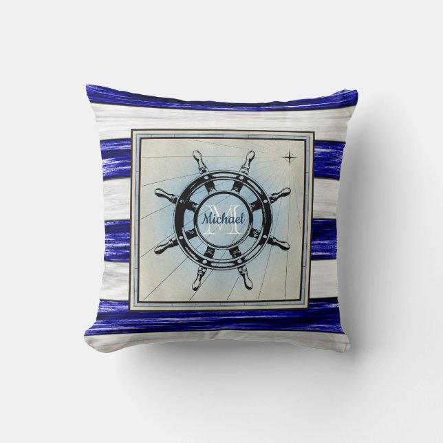 Antique nautical ships wheel monogram design, cushion (Front)