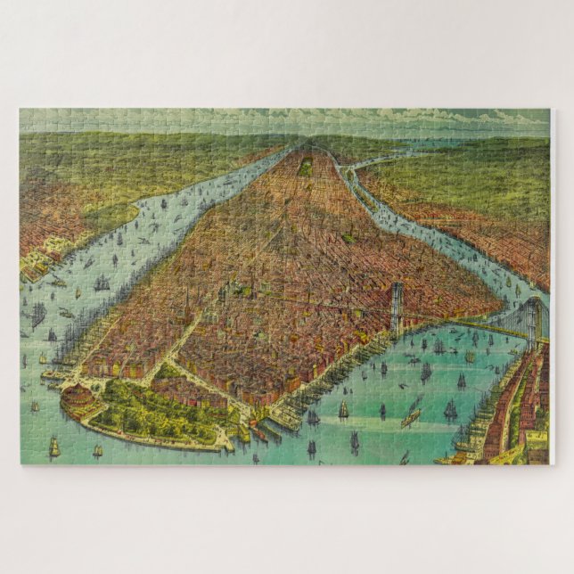 Antique New York City Bird's Eye View Map Jigsaw Puzzle (Horizontal)