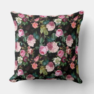 Antique Nostalgic Redouté Roses Pattern black Cushion