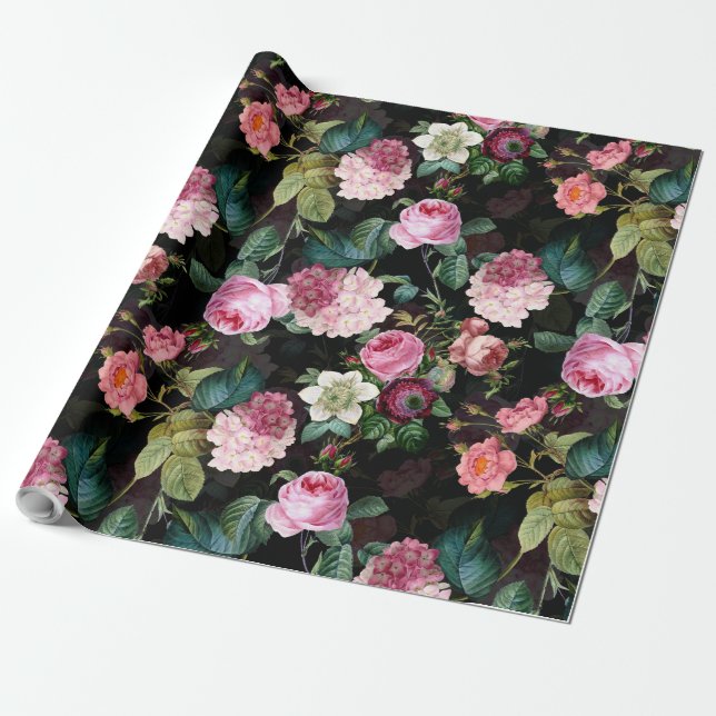 Antique Nostalgic Redouté Roses Pattern black Wrapping Paper (Unrolled)