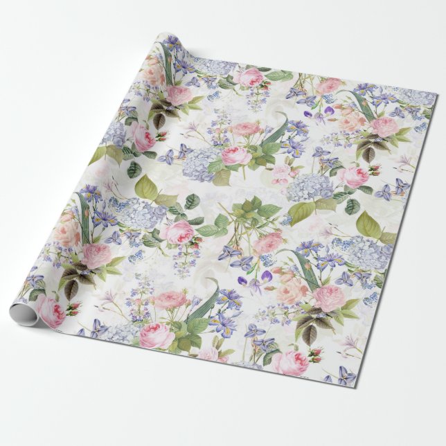 Antique Nostalgic Redouté Roses Pattern white Wrapping Paper (Unrolled)