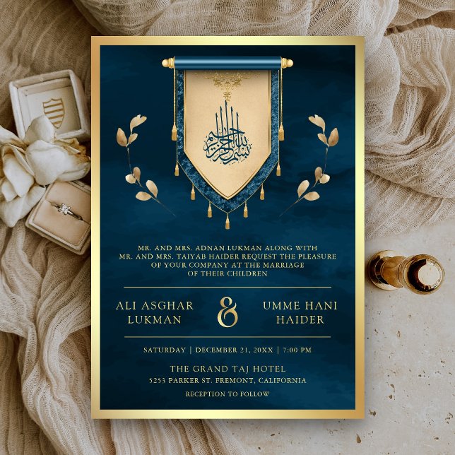 Antique Ocean Blue Gold Scroll Muslim Wedding Invitation (Creator Uploaded)