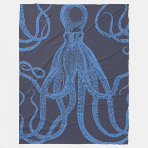Antique Octopus Blue on Blue Fleece Blanket
