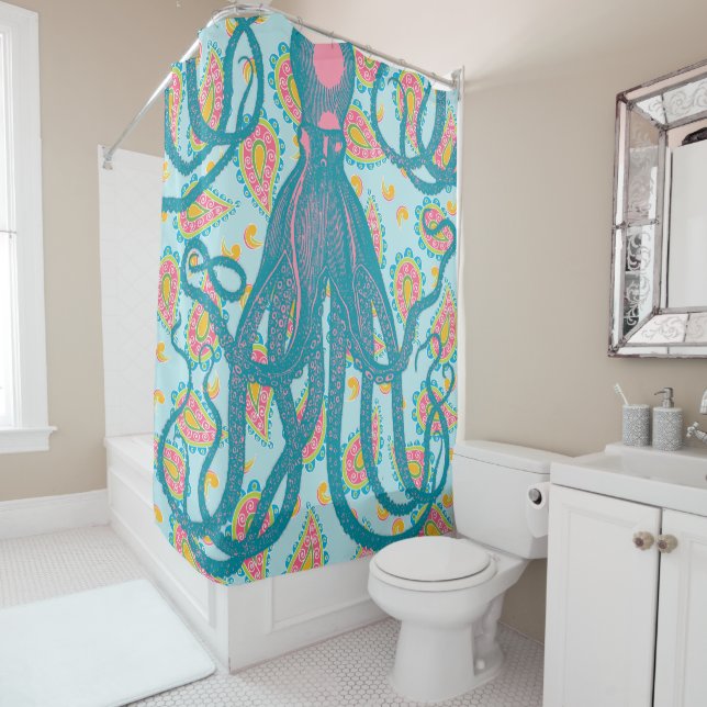 Antique Octopus on Blue Paisley Shower Curtain (In Situ)
