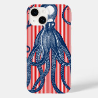 Antique Octopus on Red White Stripes