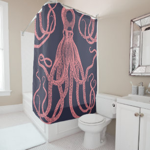 Antique Octopus Pink on Blue Shower Curtain