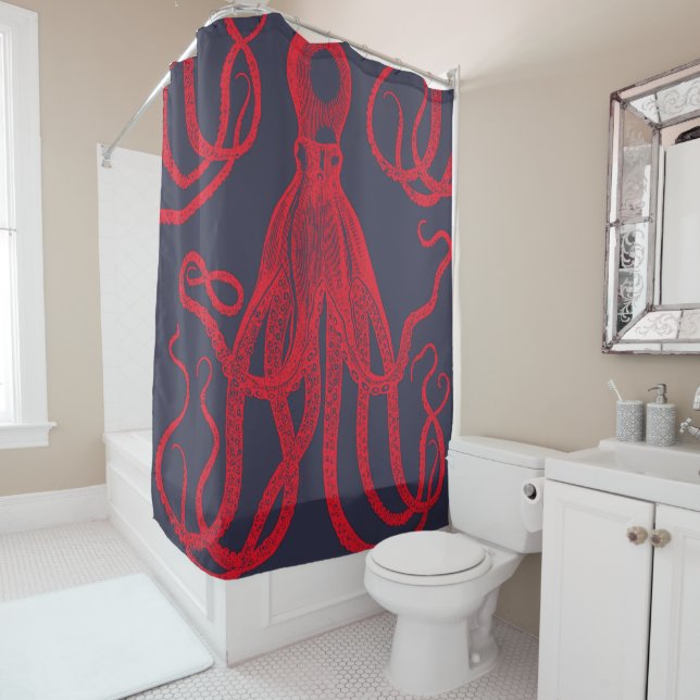 Antique Octopus Red on Blue Shower Curtain (In Situ)
