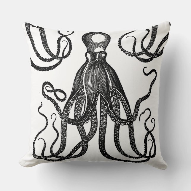 Antique Octopus with Tentacles Black Cushion (Front)