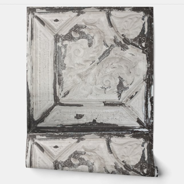Antique Off White Peeling Paint Ceiling Tile Wallpaper (Unrolling)